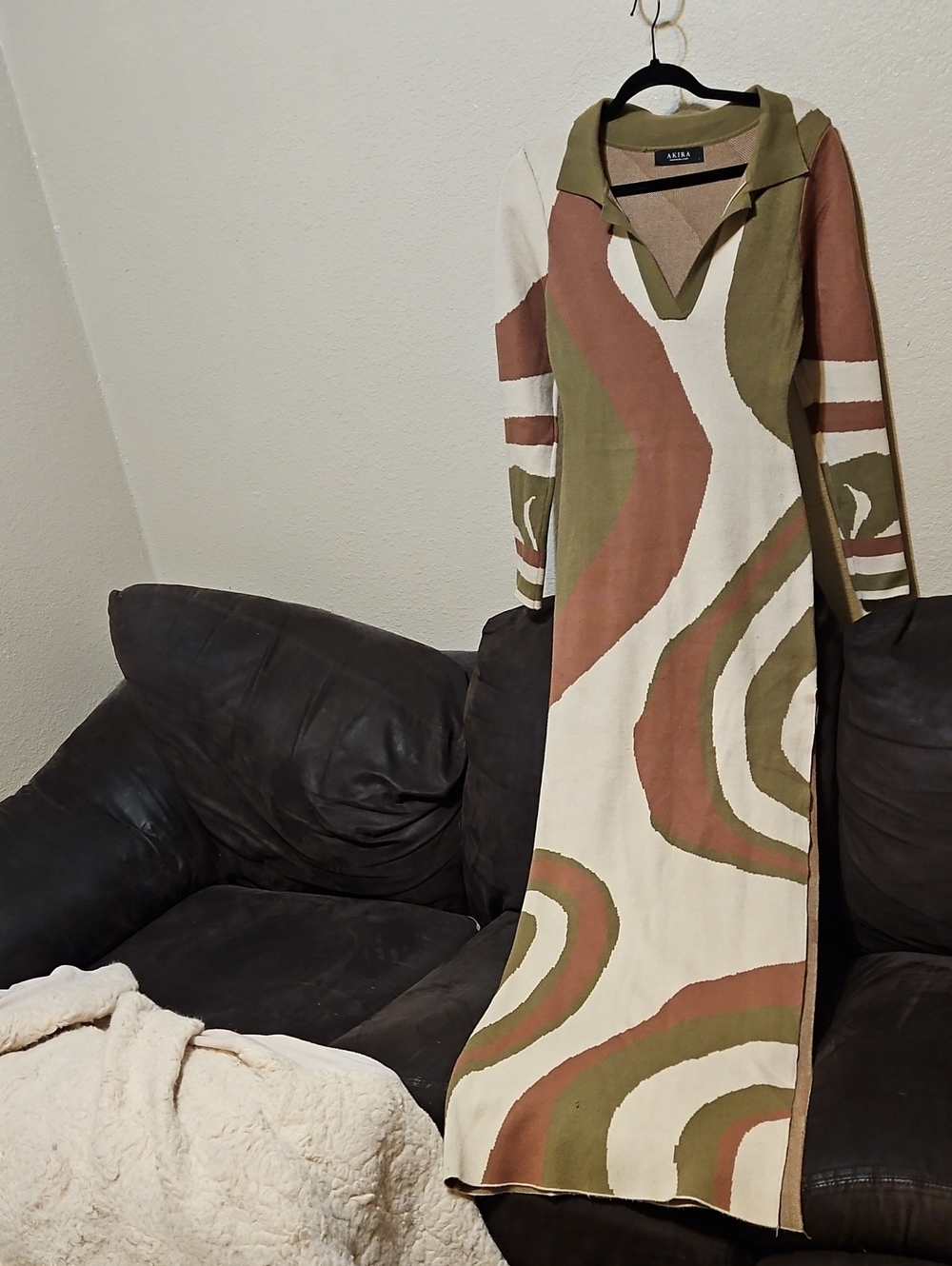Akira Olive & Cream Abstract Pattern Sweater Maxi Dress